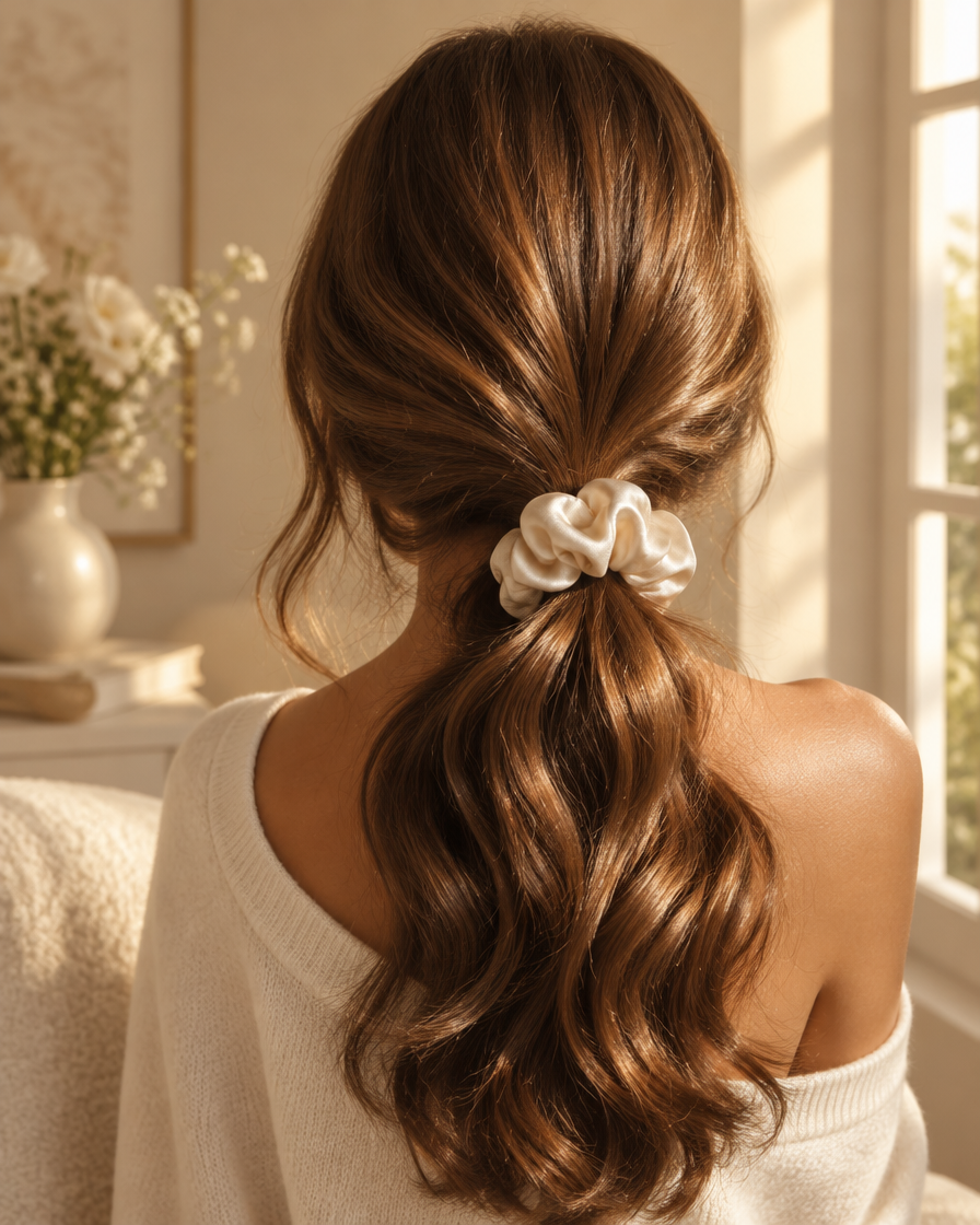Glossy chestnut waves tied with a cream satin scrunchie