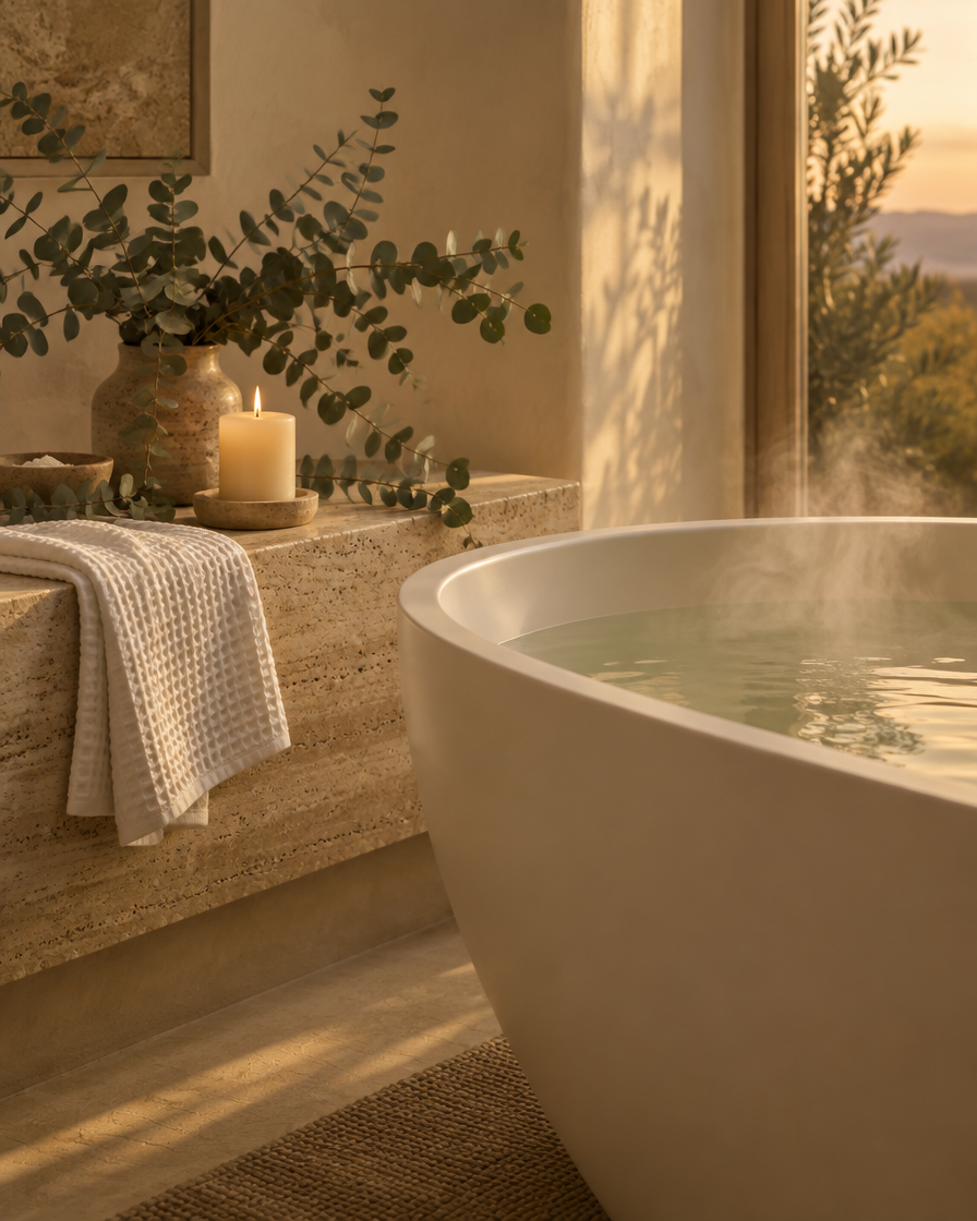 Warm bath with candle, towel and eucalyptus in a cream bathroom