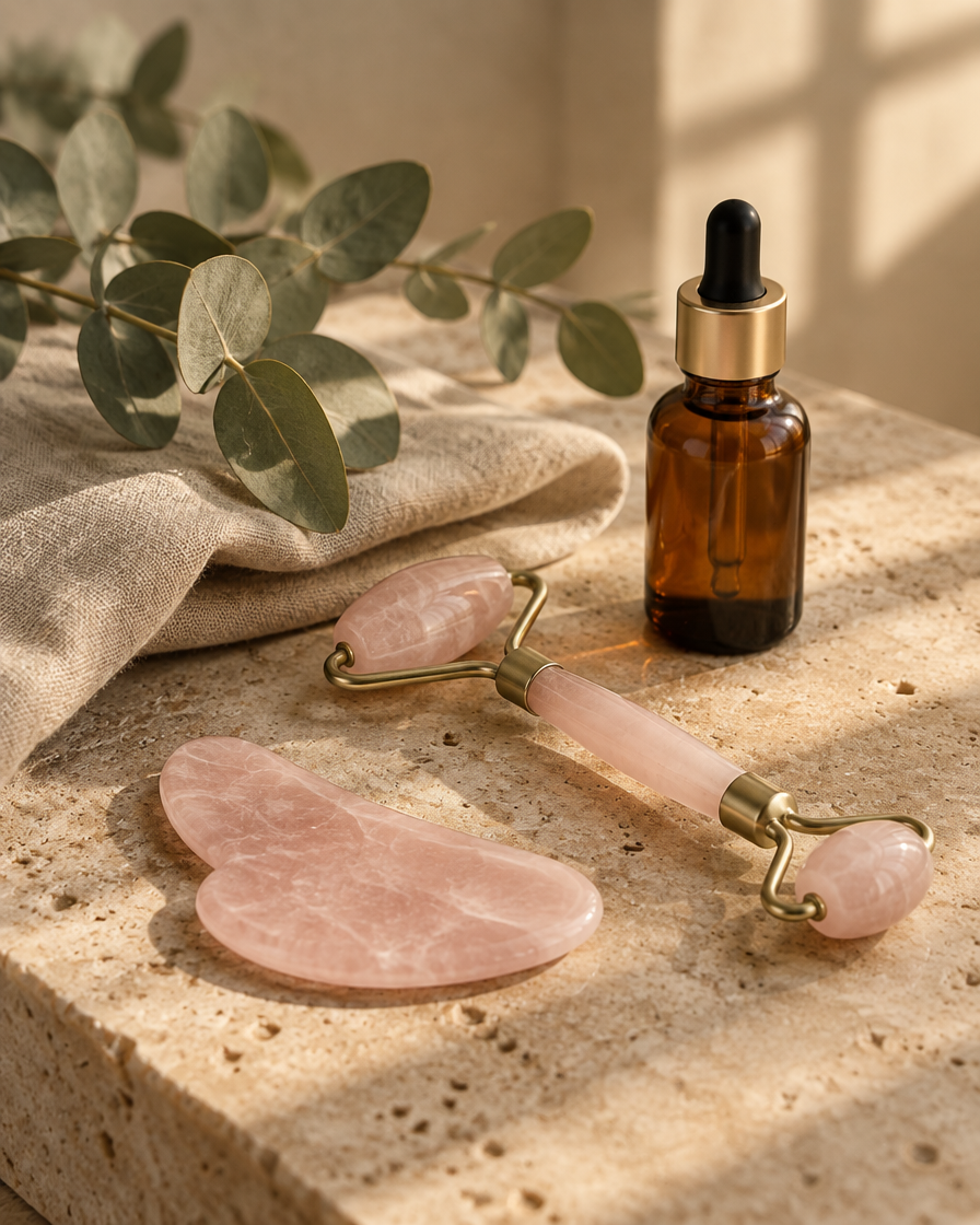 Rose quartz gua sha, ice roller and serum on travertine stone