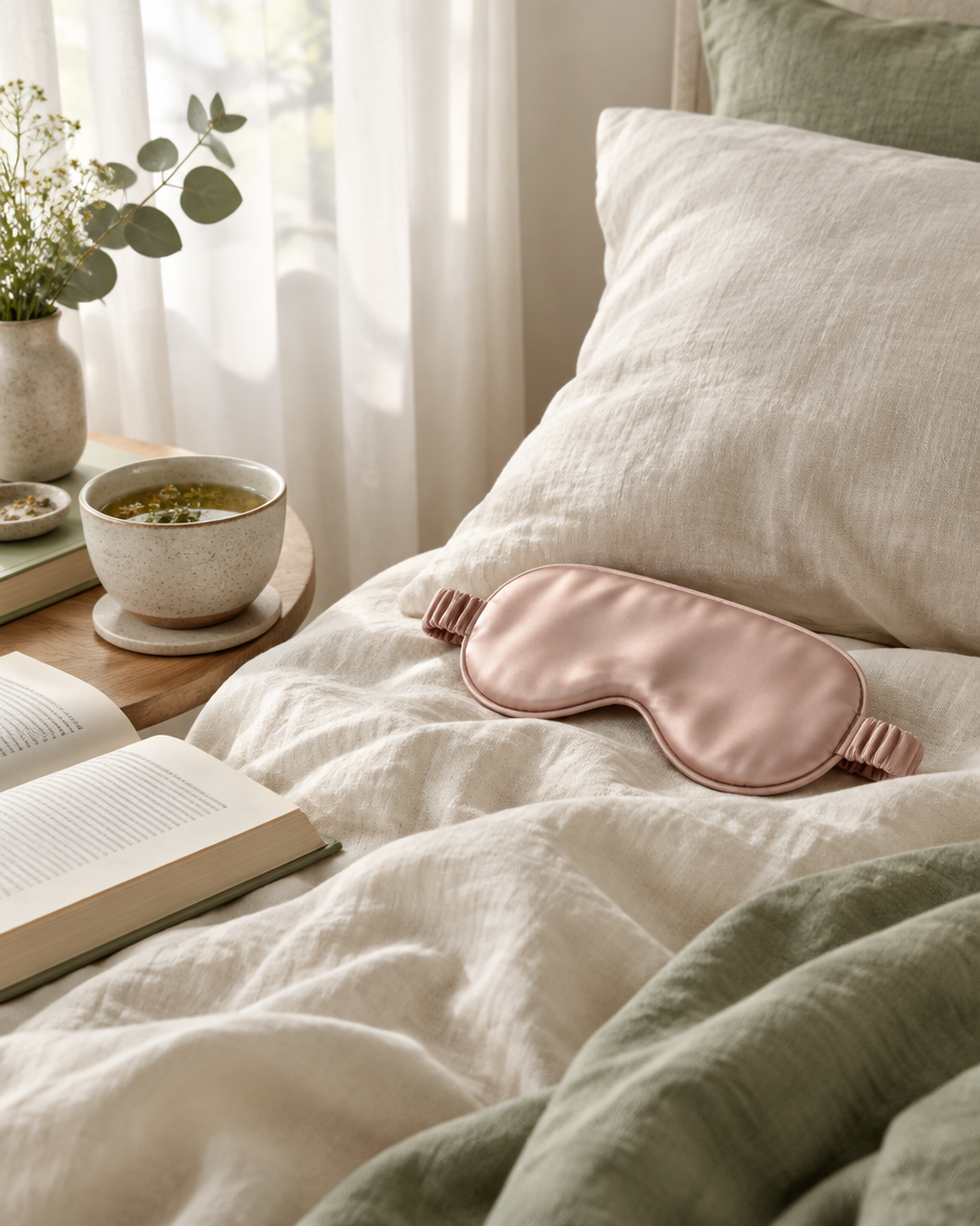 Blush silk sleep mask on cream linen bedding with herbal tea