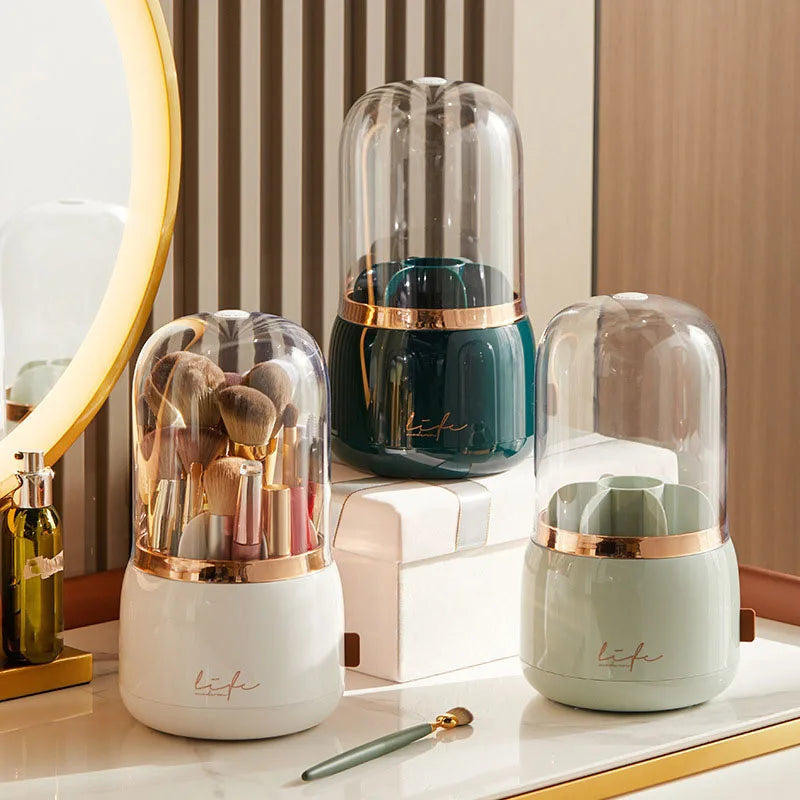 Twirl rotating makeup brush organizer with brushes