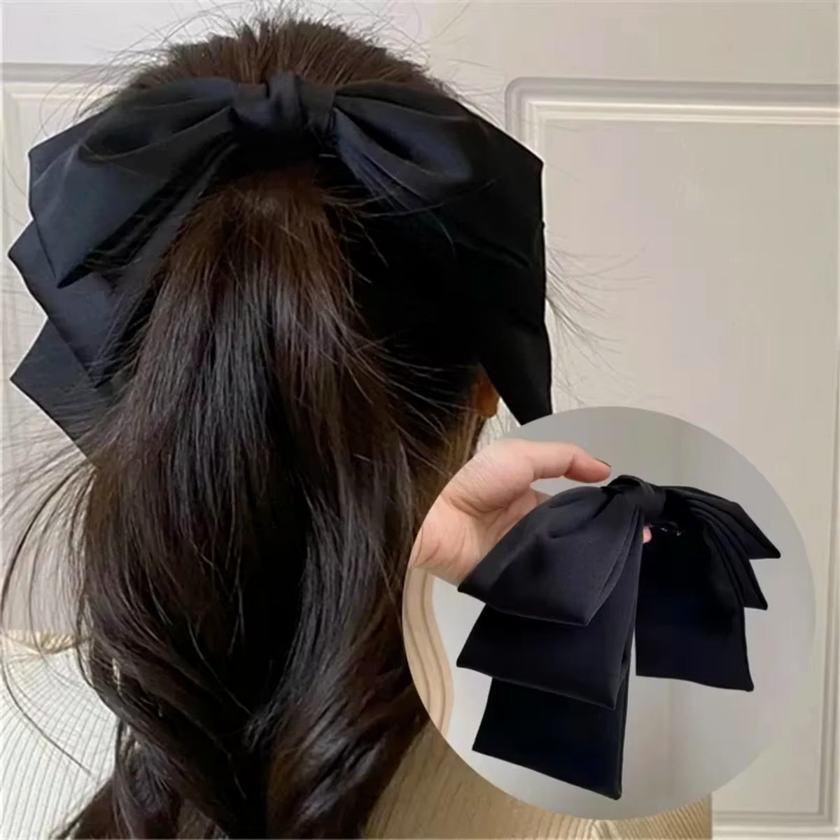 Bow oversized satin hair clip, black