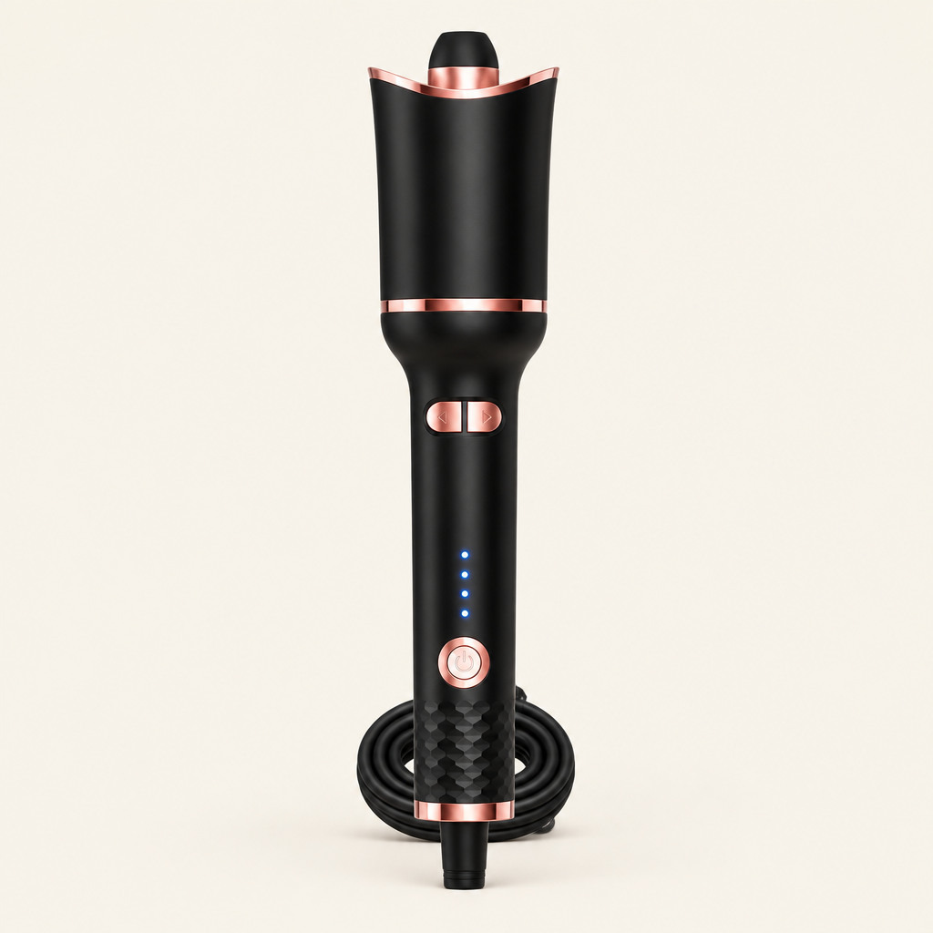 Swirl auto-rotating ceramic curler in black and rose gold
