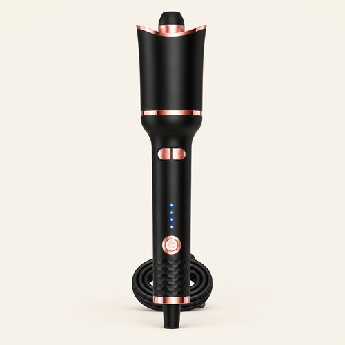 Swirl auto-rotating ceramic curler in black and rose gold