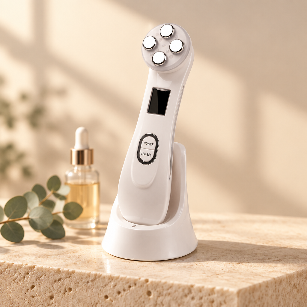 Lift 5-in-1 RF & LED firming device in Pearl White on a travertine stone, soft evening light